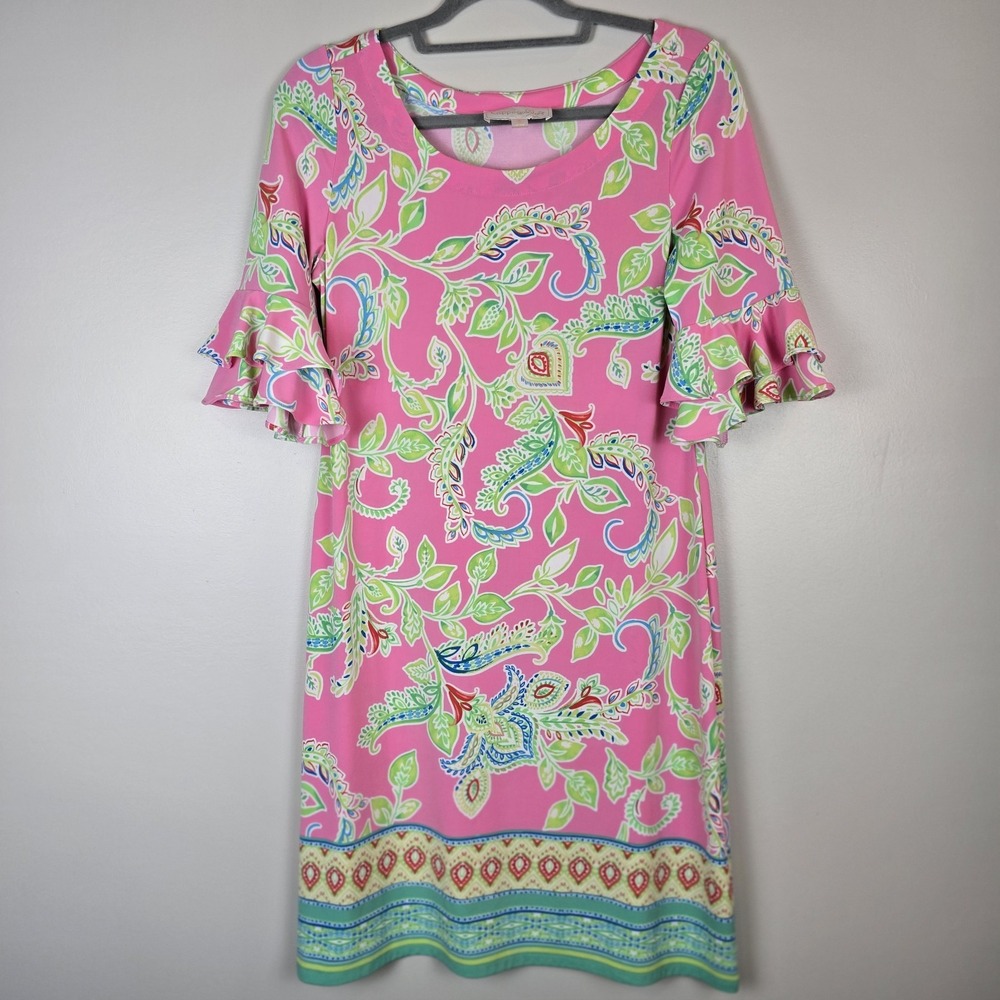 Pappagallo dress S Pink Short‎ Sleeve Floral Vacation Ruffled Stretch Pink.E153